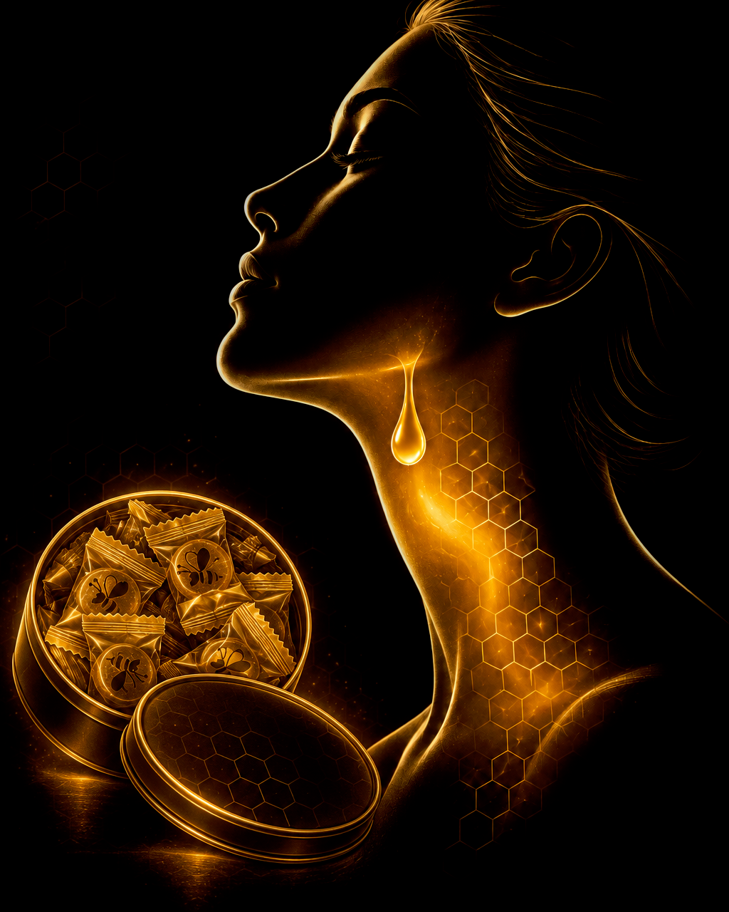 Gold illustration of a person in profile with a warm honey-gold glow at the throat, an open tin of individually wrapped lozenges glowing beside them